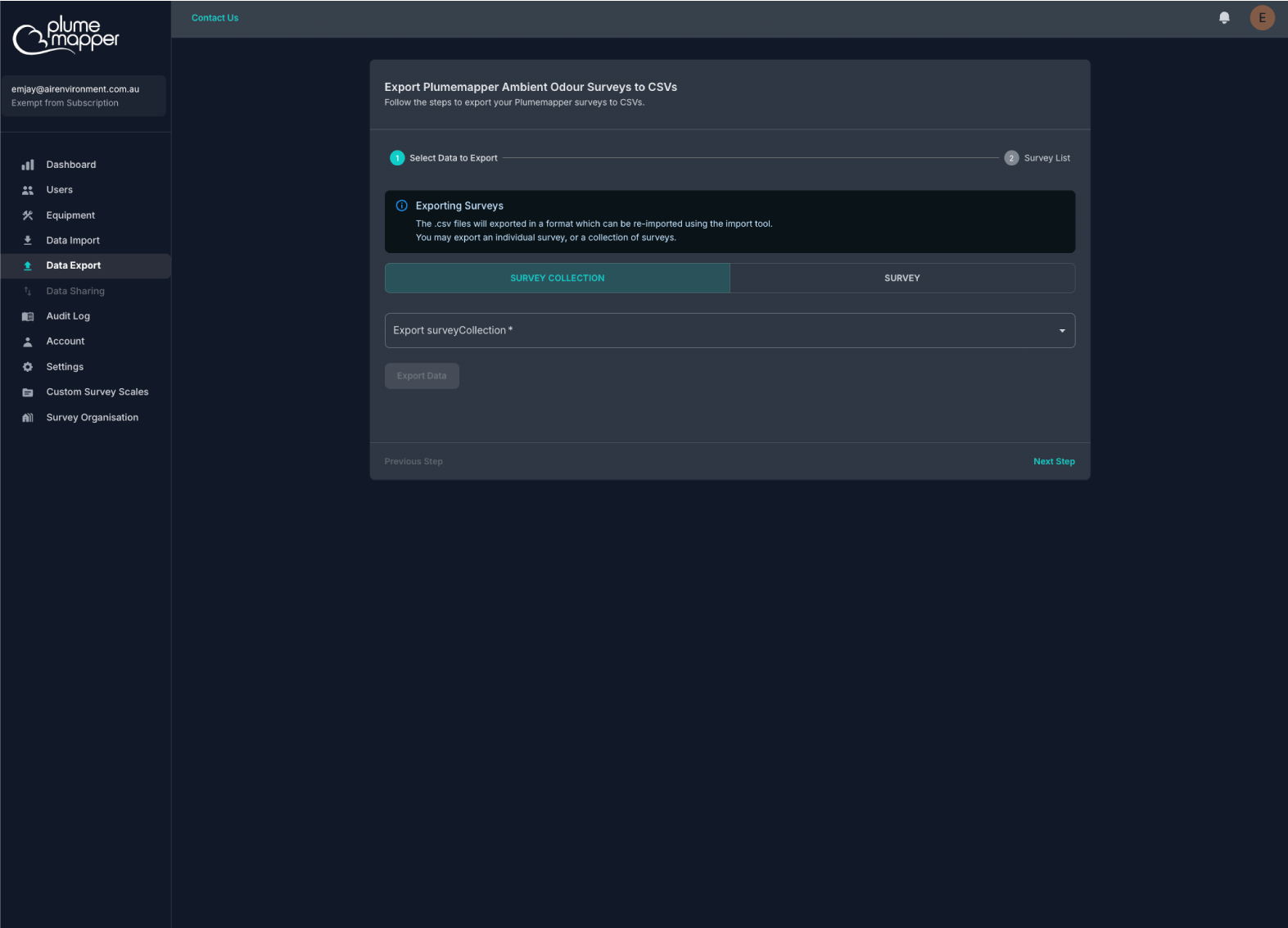 data export screen