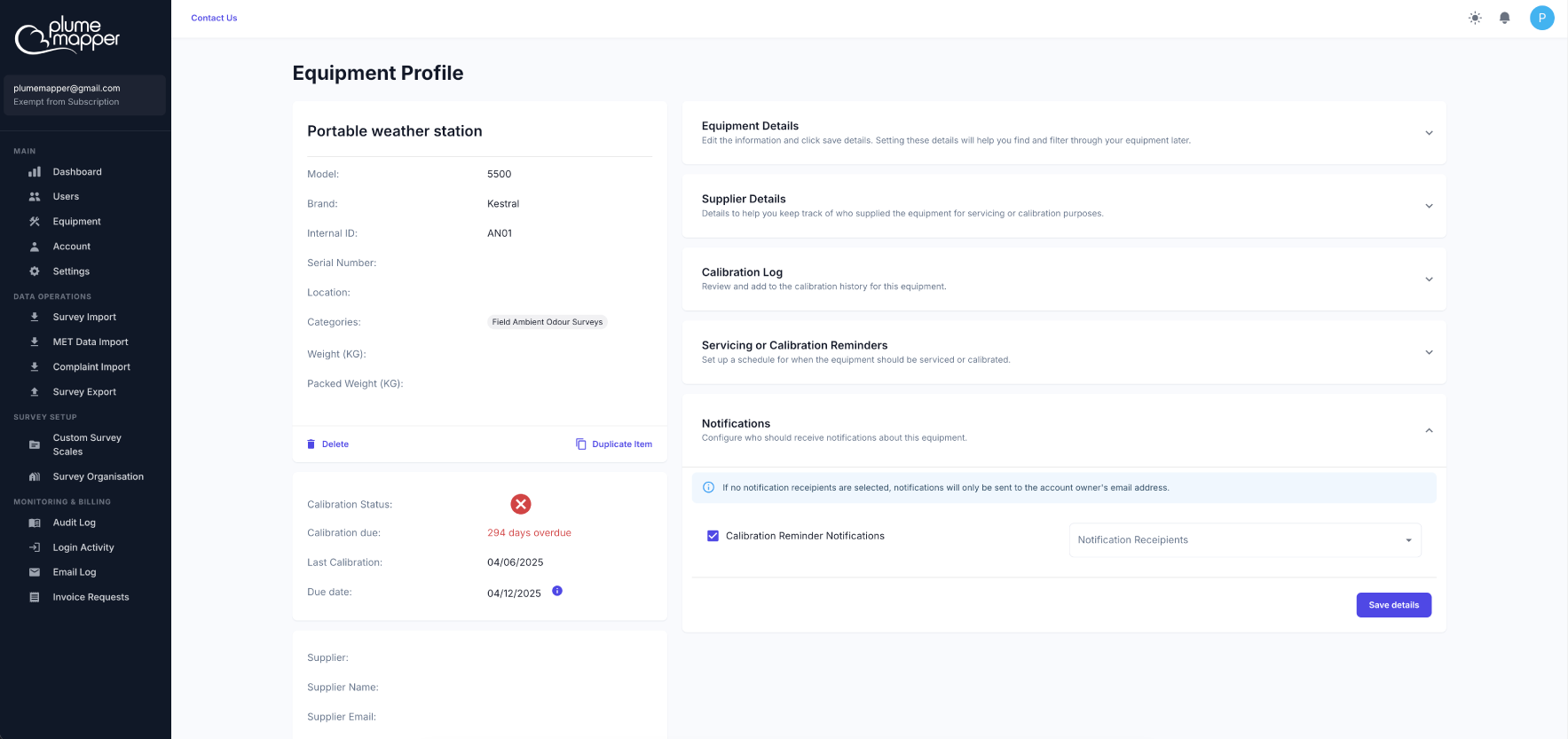 equipment notifications