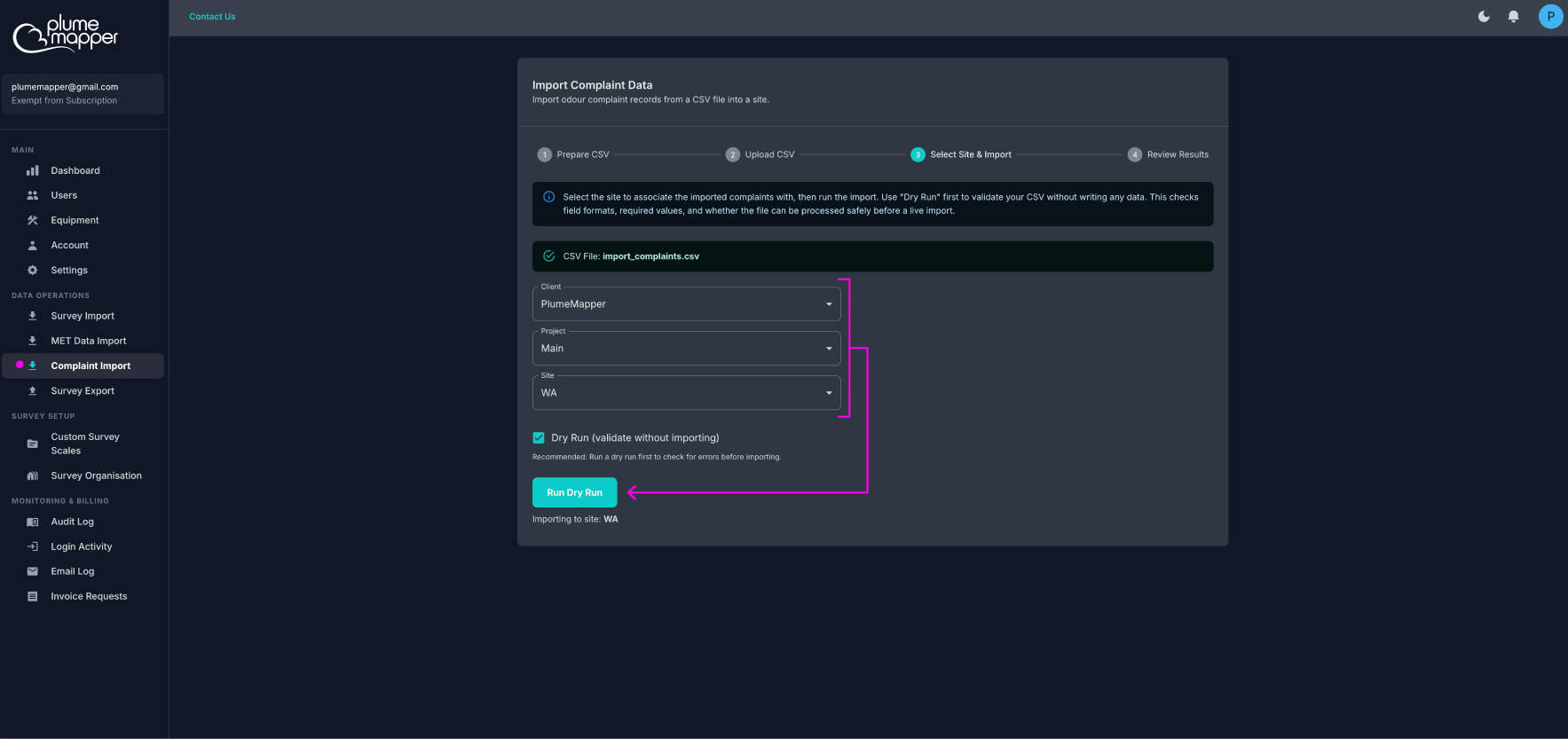 import complaints: select site