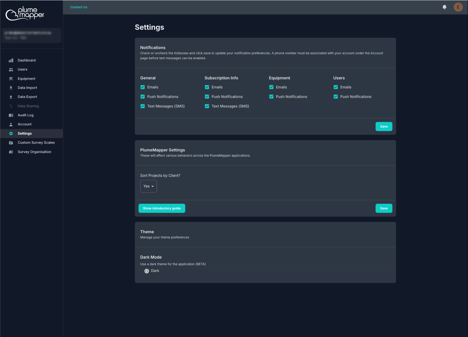 settings screen