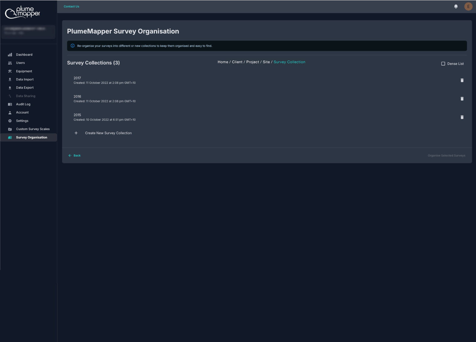 survey organiser screen, survey collections