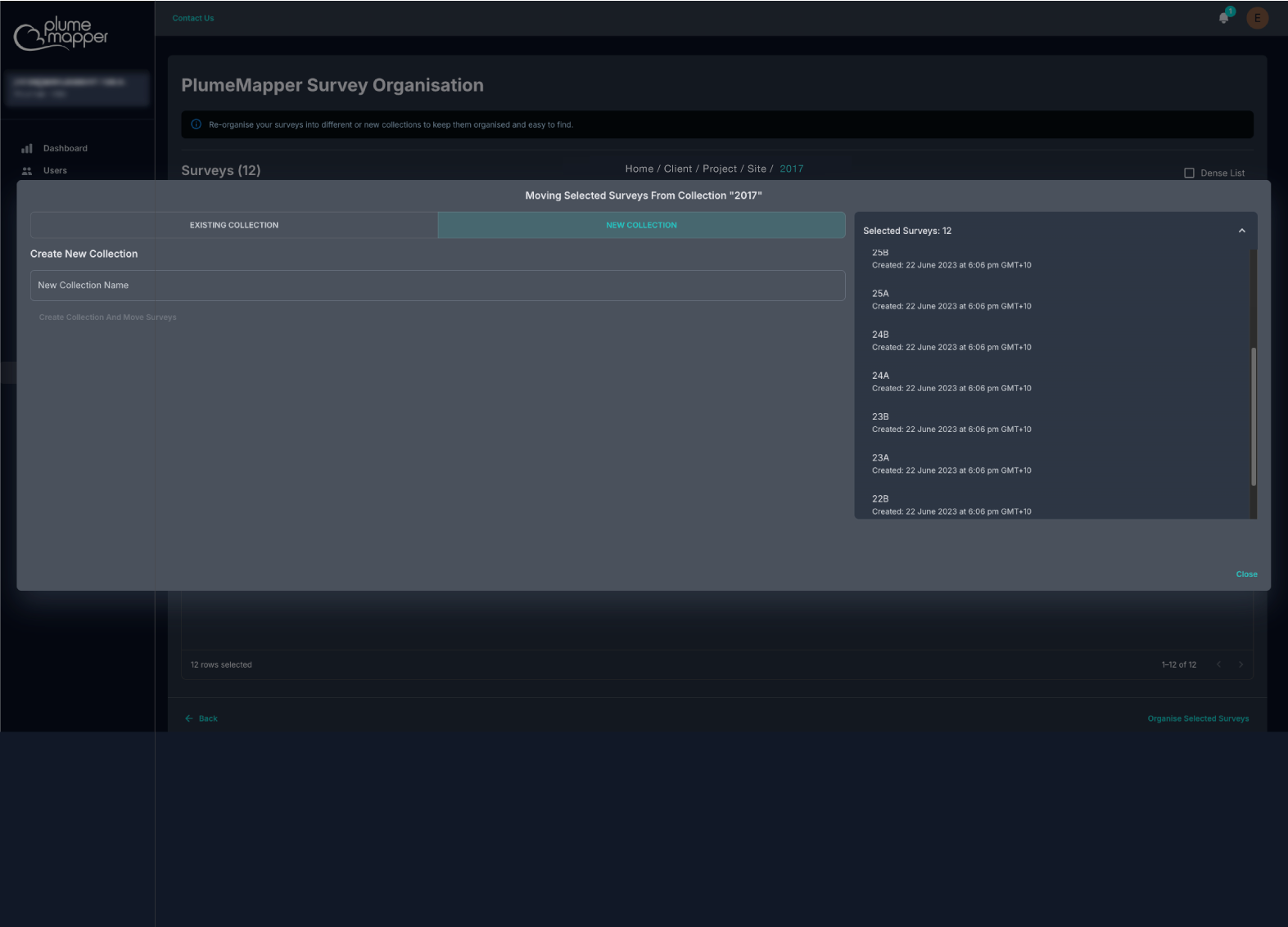 survey organiser screen, selected surveys