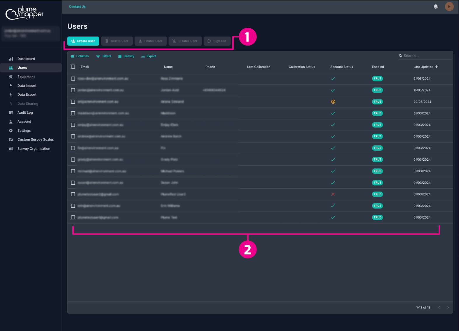 users screen, users list
