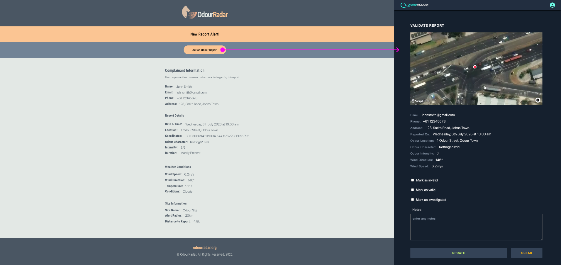 complaints - OdourRadar, validate reports
