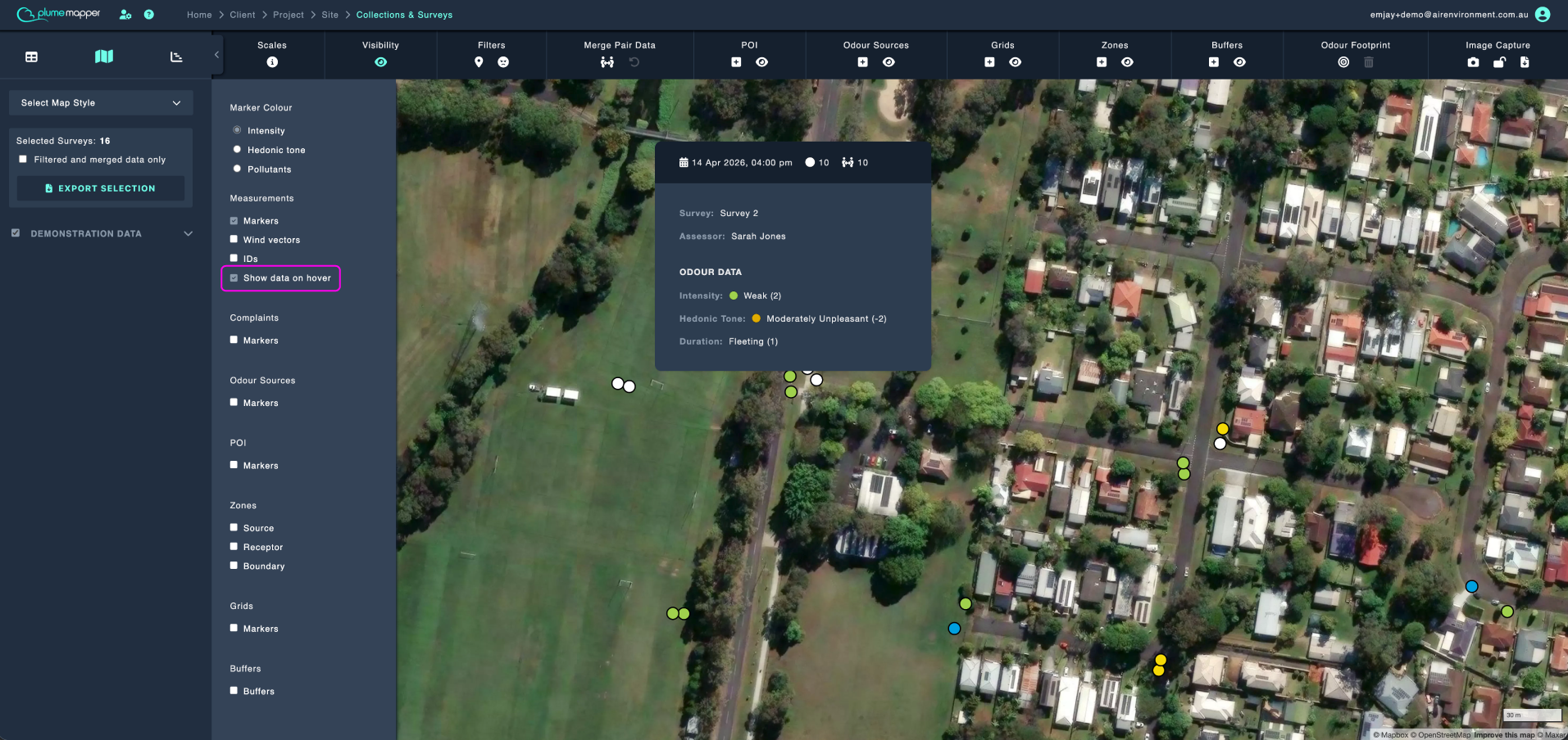 selecting features: hovering over measurements