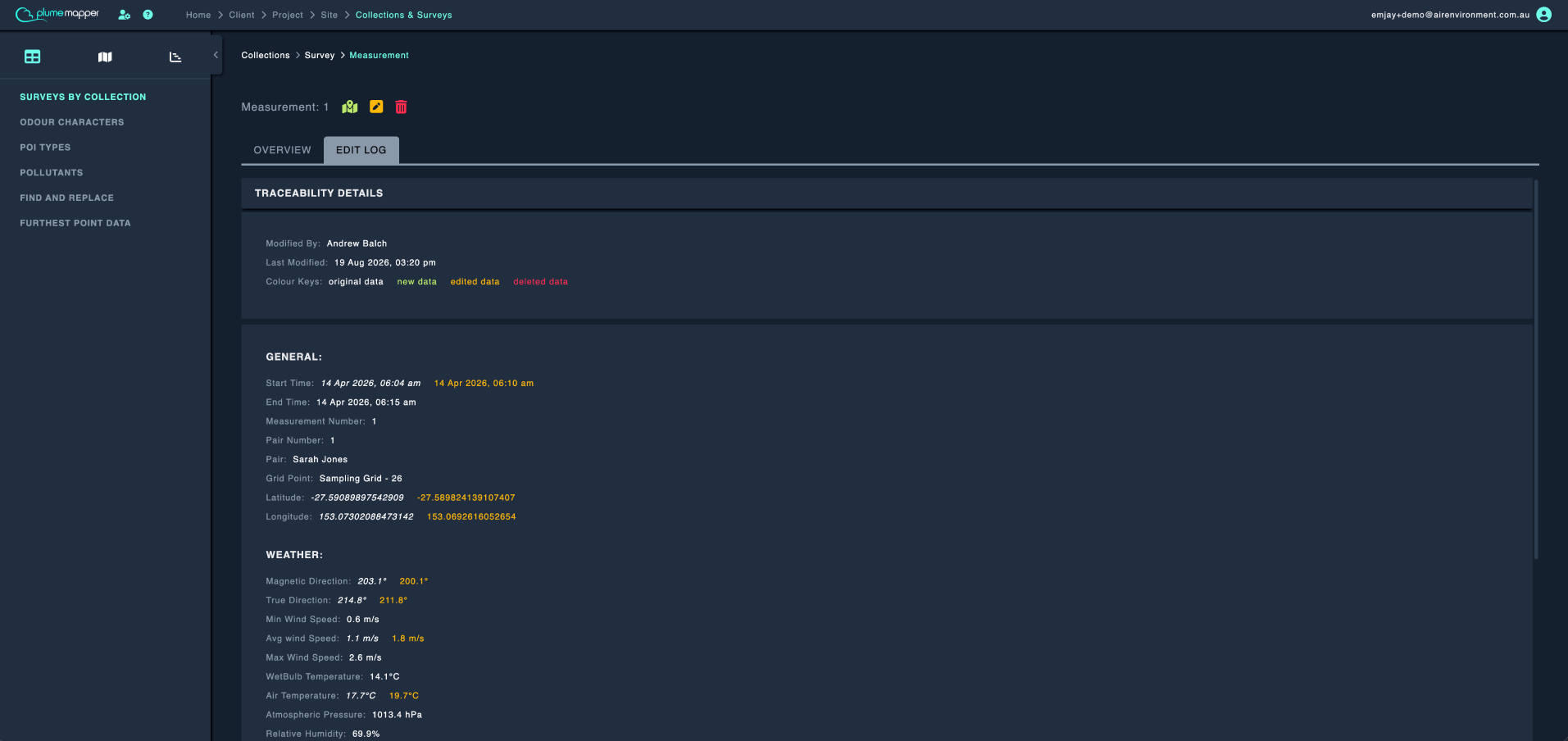 table view: measurement edit log
