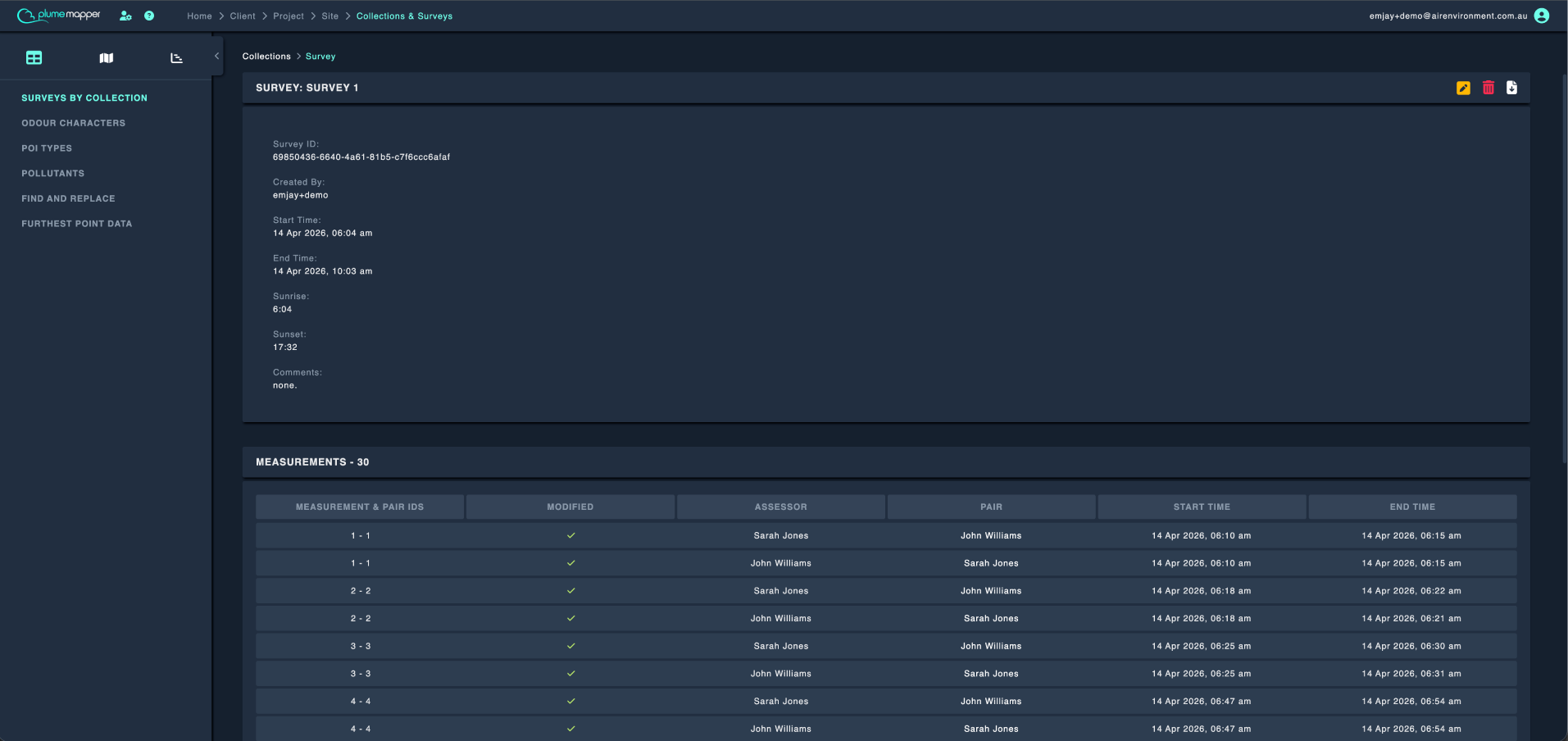 table view: survey page