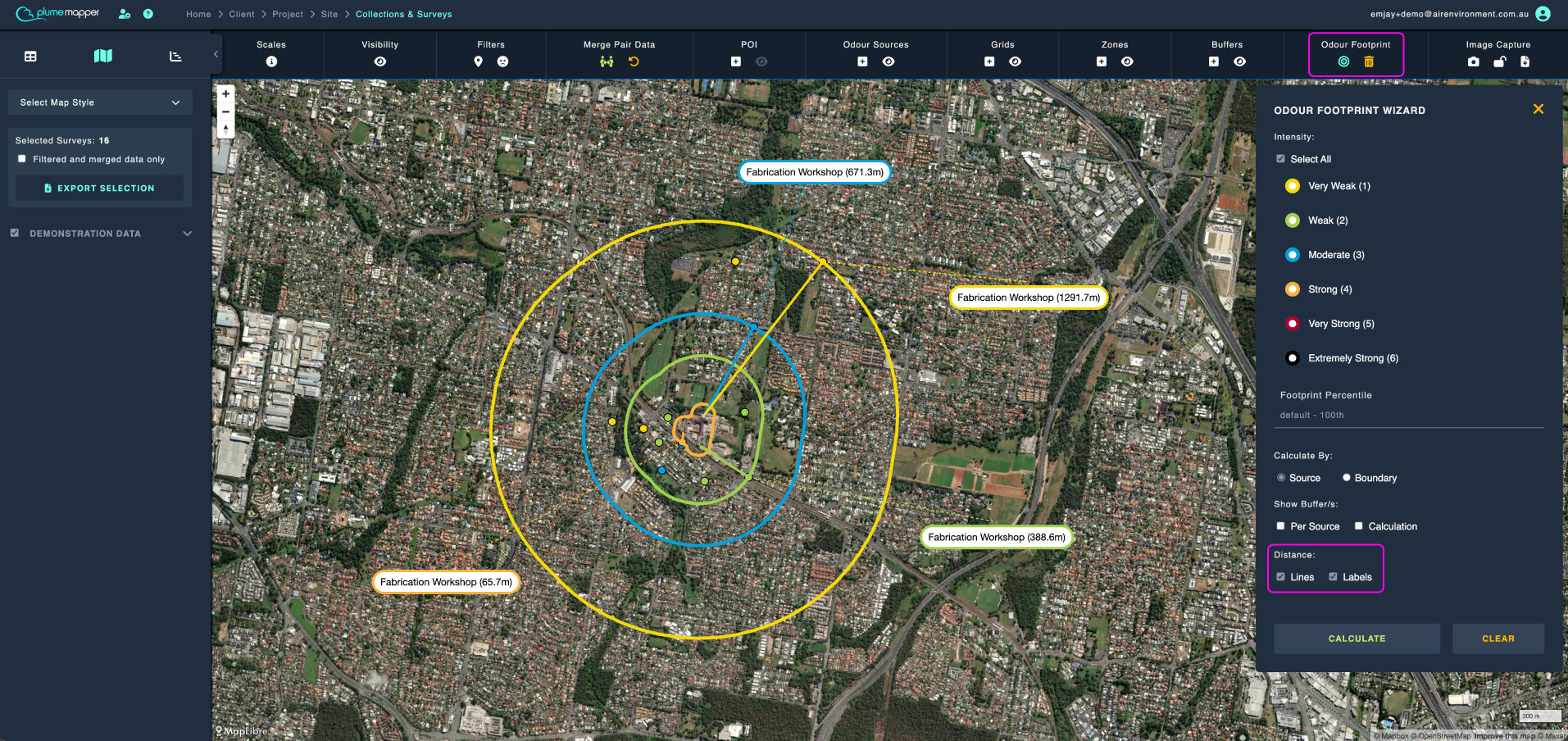 odour footprint: by source - showing furthest source, lines and labels