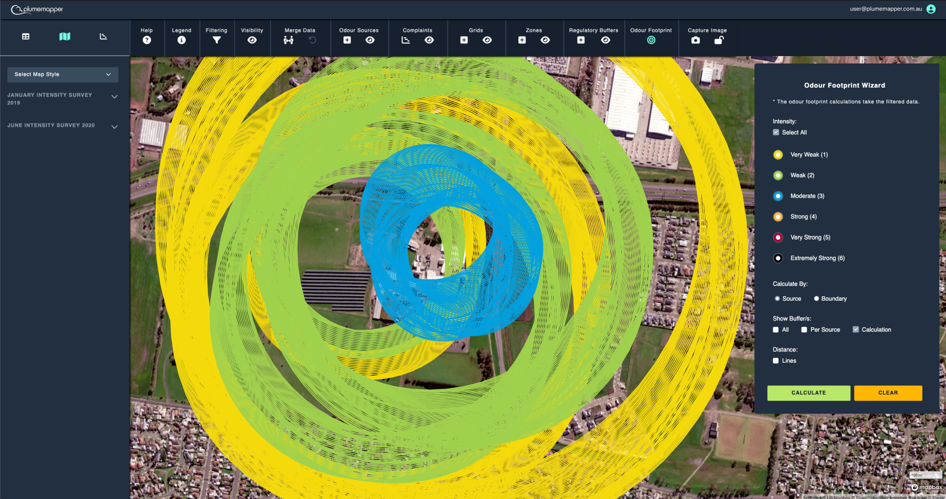 odour footprint: by source - showing calculations