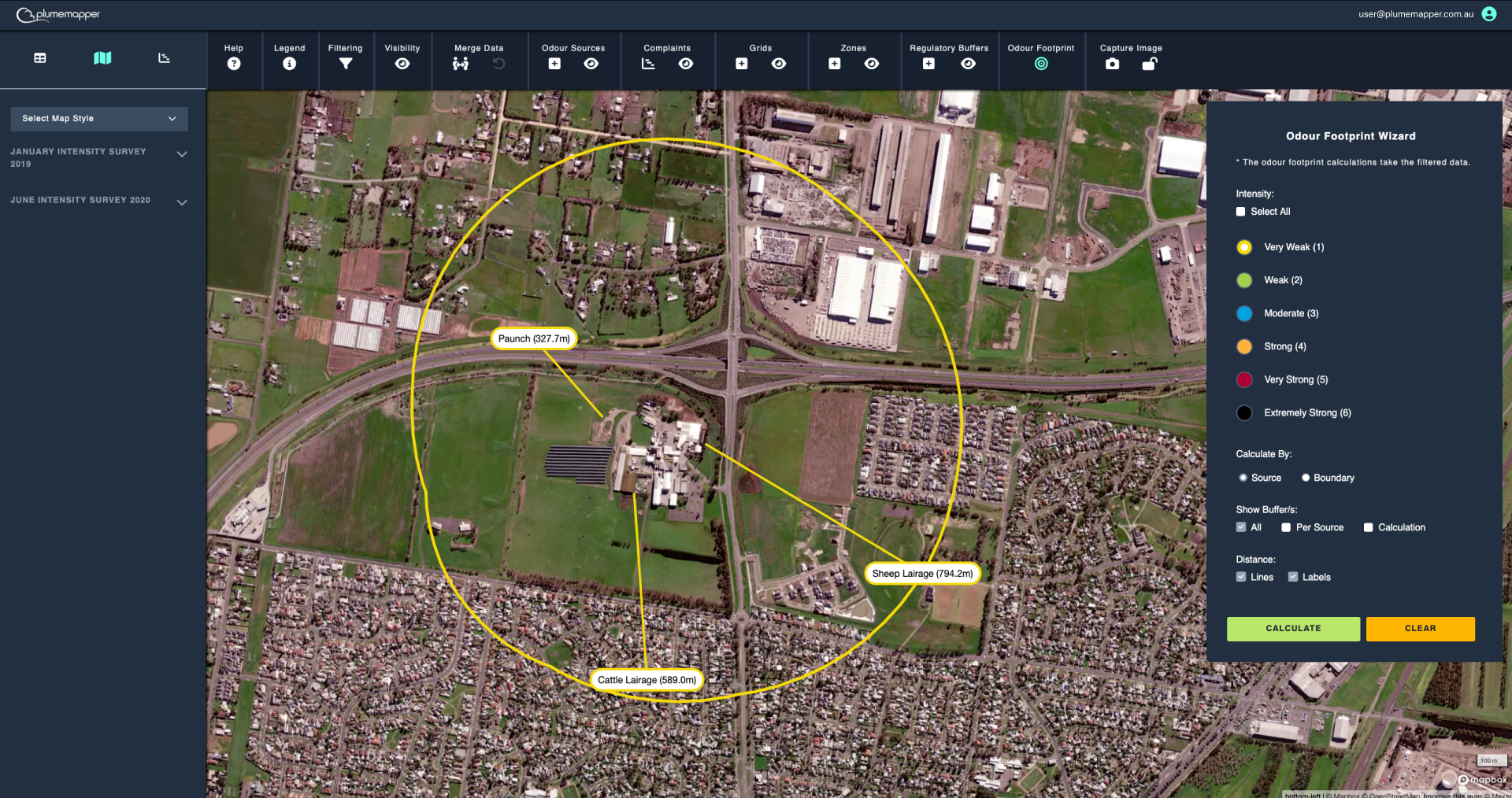 odour footprint: by source - showing furthest source, lines and labels
