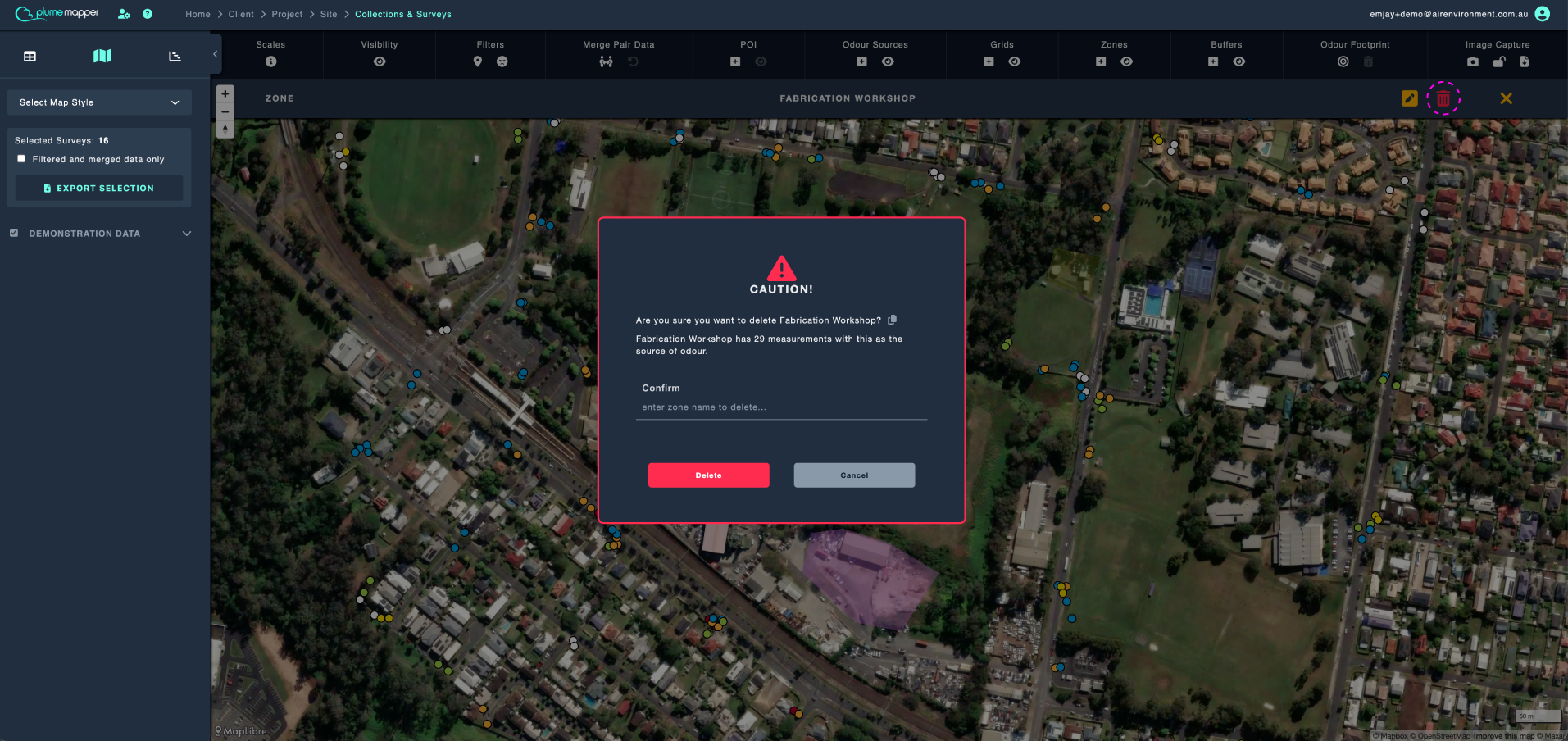 zones: deleting zones, with associated measurements